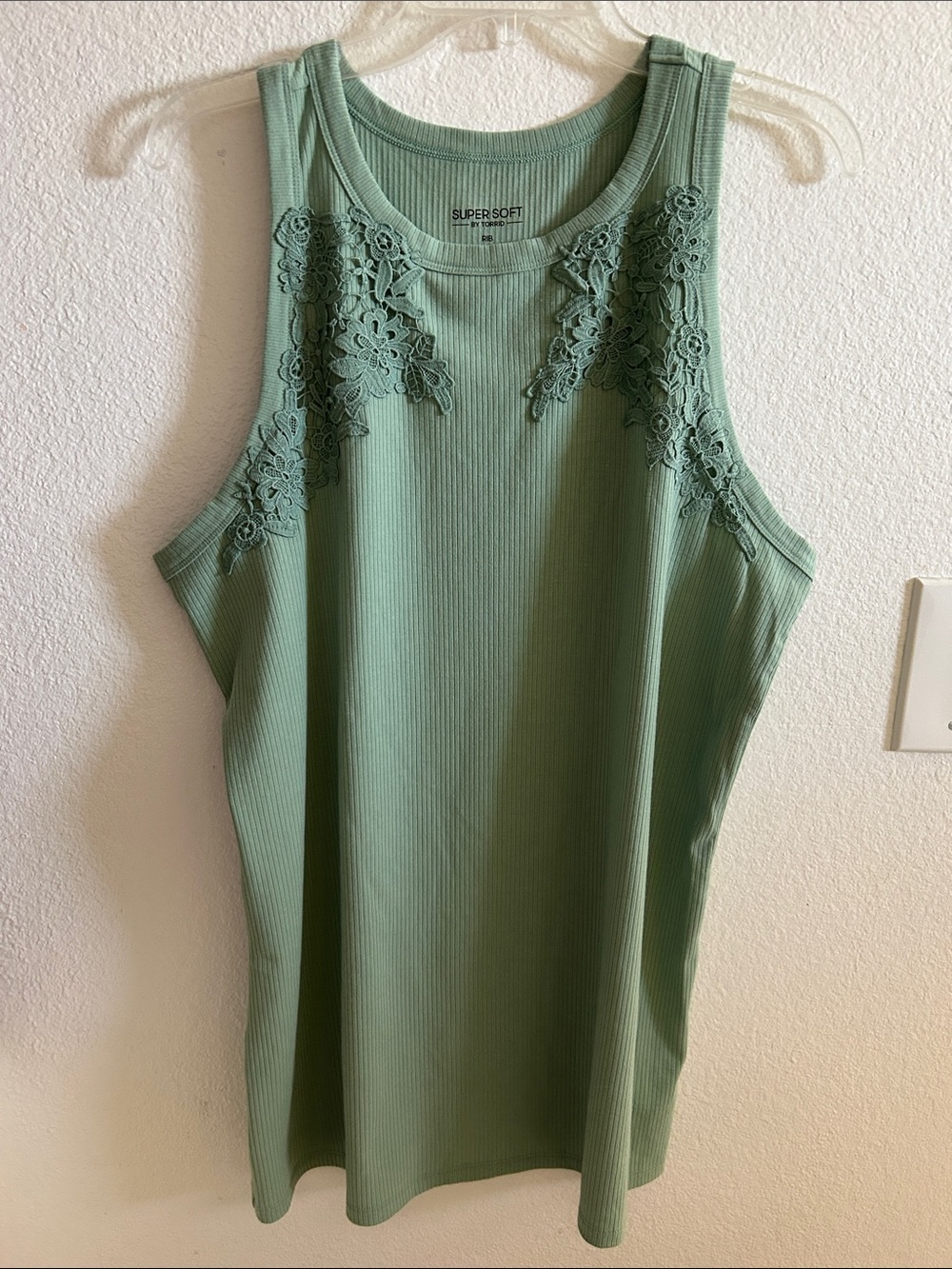 torrid Sage Green Ribbed Tank with Floral Lace Yoke